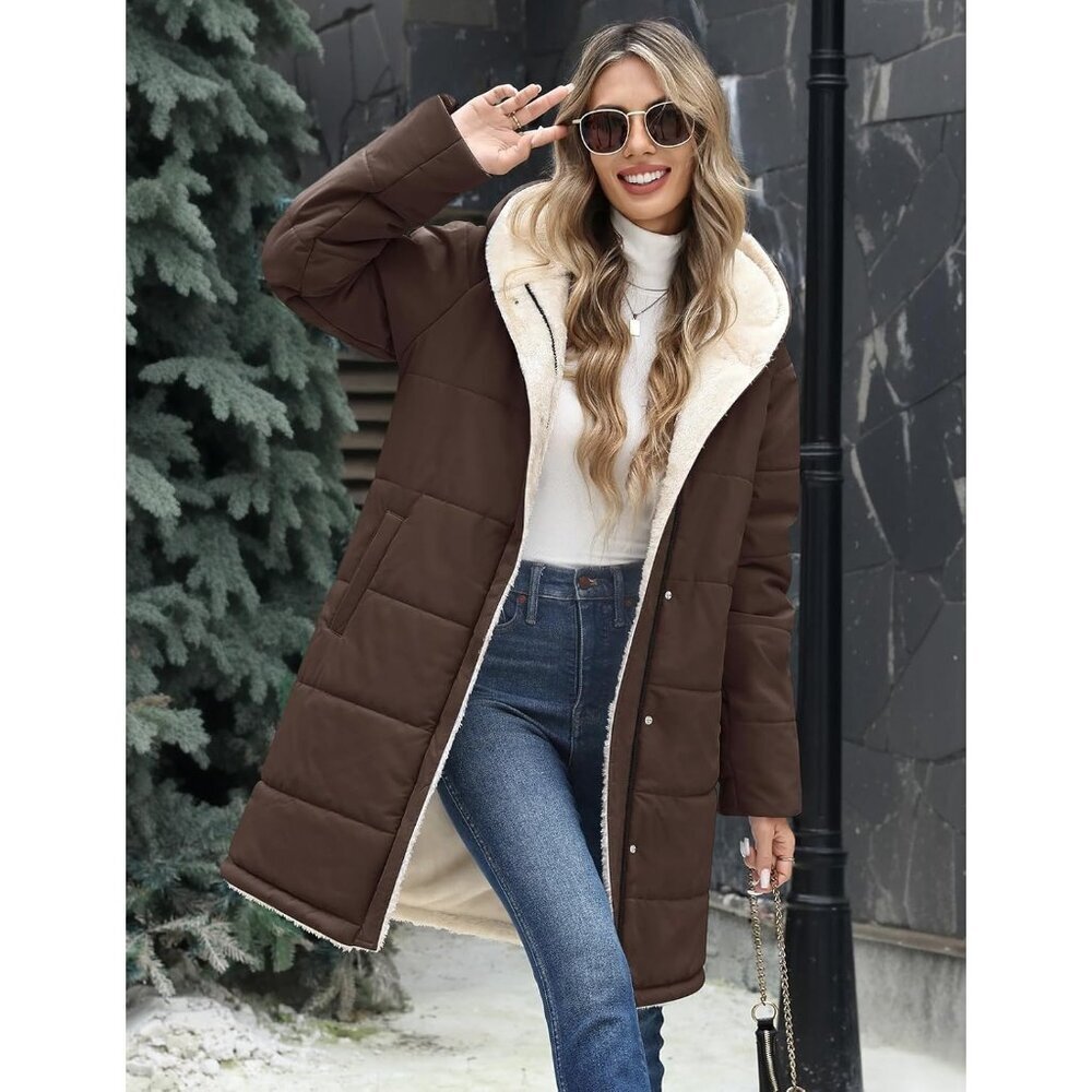 Women's Long Coffee Hooded Puffer Down Jacket Coat Fleece Warm Fashion Outerwear - Picture 8 of 9